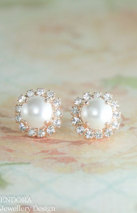 rose gold pearl earrings we ❤ this! moncheribridals.com #weddingearrings Diamond Pearl Earrings, Rose Gold Bridal Earrings, Bridesmaid Pearl Earrings, Rose Gold Wedding Jewelry, Bridesmaid Earrings Gold, White Diamond Earrings, Bridal Wedding Earrings, Rose Gold Pearl, Bridesmaid Pearls