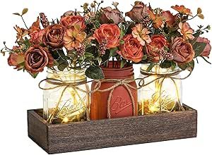 Farmhouse Coffee Table Decor Trays, Decorations For Dining Table, Fall Event Decor, Fall Mason Jar Centerpieces, Farmhouse Coffee Table Decor, Led Light Table, Chic Fall Decor, Coffee Table Decor Tray, Fall Mason Jars