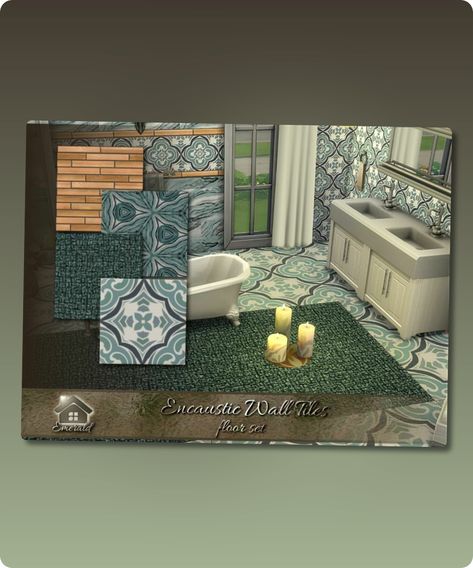 Sims 4 Build / Walls / Floor CC: Encaustic Wall Tiles Floors SET By Emerald Sims 4 Cc Bathroom Tiles, Sims 4 Tile Wall, Sims 4 Tile Cc, Green Tile Floor, Girls Room Wallpaper, Sims 4 Cc Download, Polka Dots Wallpaper, Floor Murals, Pink Flowers Wallpaper