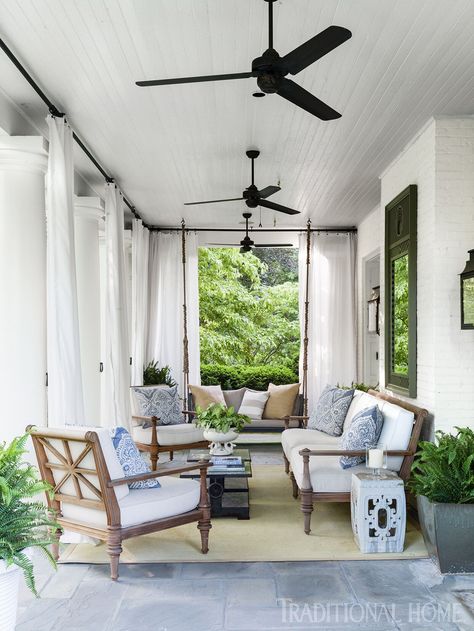 Porch Ceiling Fan, Colonial Revival House, Dream Porch, White Mosaic Tiles, Outdoor Fans, Traditional Dining Tables, Porch Ceiling, Side Porch, Screen Porch