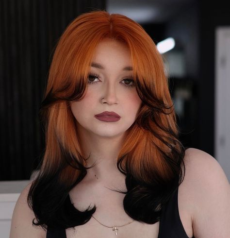 Red Narcissa Malfoy Hair, Red Hair Orange Money Piece, Long Hair Frosted Tips, Red And Blonde Color Block, Ginger Roots Black Hair, Ginger Split Dyed Hair, Fox Tips Hair Dye Brown Hair, Two Tone Ginger Hair, Brown Hair With Orange Tips