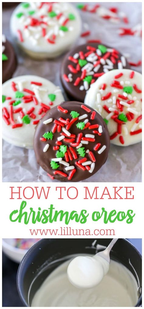 Classic Christmas Oreo cookies dipped in milk or white chocolate and topped with festive sprinkles make for a decadent treat! #christmasoreos #christmas #oreos #chocolate #whitechocolate #treat Fudge Dipped Oreos, Oreo Dipped In Chocolate Christmas, Holiday Oreo Cookie Pops, Oreo Cookie Dipped In Chocolate, Oreo Holiday Cookies, White Chocolate Dipped Oreos Christmas, Oreo Holiday Treats, Oreo Dipped In White Chocolate, Oreo Covered Cookies