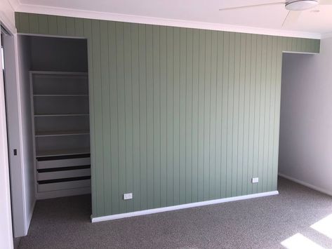 Painted in Laminex Bay Leaf - VJ Wall Paneling Painted Vj Panelling, Vj Wall Panelling, Vj Panelling, Bedroom Vibes, Bay Leaf, House Goals, Pretty House, Feature Wall, Carpentry