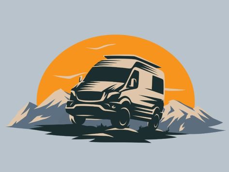 Campervan Graphics, Camper Van Illustration, Camper Graphics, Sunset Vector Illustration, Van Illustration, Rocks And Mountains, Sunset Vector, Camping Illustration, Rv Vehicle