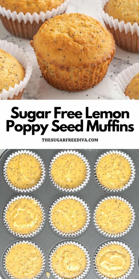 Sugar Free Lemon Poppy Seed Muffins, a keto low carb and diabetic friendly recipe for a perfect breakfast or snack idea. Lemon Poppy Muffins, Low Sugar Muffins, Sugar Free Muffins, Sugar Free Desserts Easy, Low Sugar Diet Recipes, Lemon Poppy Seed Muffins, Seed Muffins, Sugar Free Baking, Sugar Free Recipes Desserts