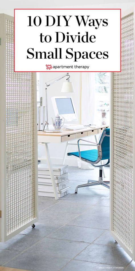 10 Ideas for Dividing Small Spaces | Apartment Therapy How To Divide A Room, Room Divider Ideas Bedroom, Ways To Divide A Room, Decorate Cubicle At Work, Apartment Therapy Small Spaces, Bedroom Divider, Small Room Divider, Office Room Dividers, Office Dividers