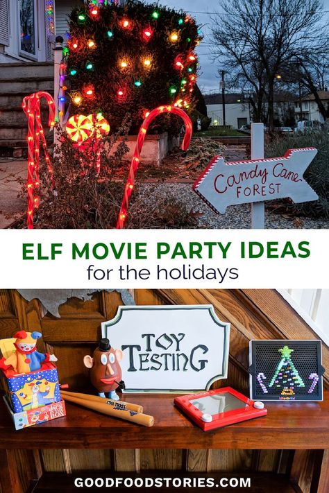 decoration ideas inspired by the movie Elf: a candy cane forest and toy testing station Elf Themed Christmas Party Decorations, Elf Christmas Movie Night, Elf Themed Birthday Party, Buddy The Elf Outdoor Decorations, Elf Movie Decorations Christmas Diy, Movie Elf Decorations, Elf The Movie Door Decorations, Elf Movie Cubicle Decorations, Buddy The Elf Party Invitations