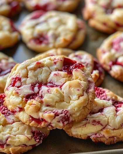 Raspberry Cheesecake Cookies Raspberry Filling For Cookies, Raspberry Desserts Fresh Raspberries, Raspberry Christmas Cookies, Raspberry Cheesecake Desserts, White Chocolate Raspberry Cheesecake Cookies, Desserts With Fresh Raspberries, Raspberry Cream Cheese Bites, Strawberry Cheesecake Cookies Recipes, Recipes With Fresh Raspberries