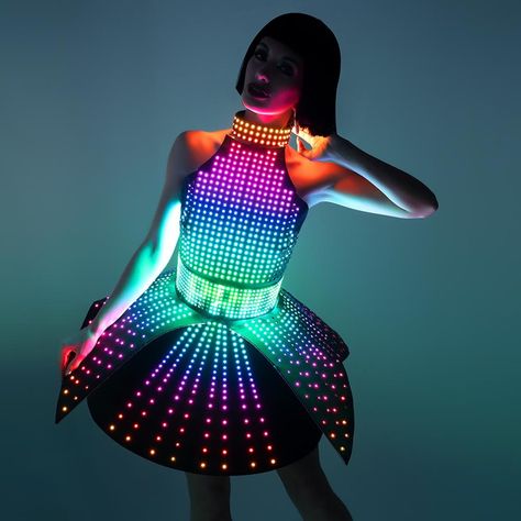 Rave LED light up rainbow dress outfit / fashion festival | Etsy Glow Party Outfit, Glow Outfits, Light Up Clothes, Neon Prom Dresses, Light Up Dresses, Led Costume, Neon Dresses, Eva Dress, Lit Outfits