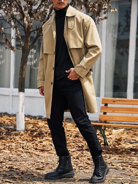 Khaki Casual Collar Long Sleeve Woven Fabric Plain Regular Embellished Non-Stretch  Men Plus Size Clothing Beige Trench Coat Outfit, Long Coat Outfit, Turtle Neck Men, Black Turtle Neck, Men's Trench Coat, Trench Coat Outfit, Beige Trench Coat, Long Coats, Trench Coat Men