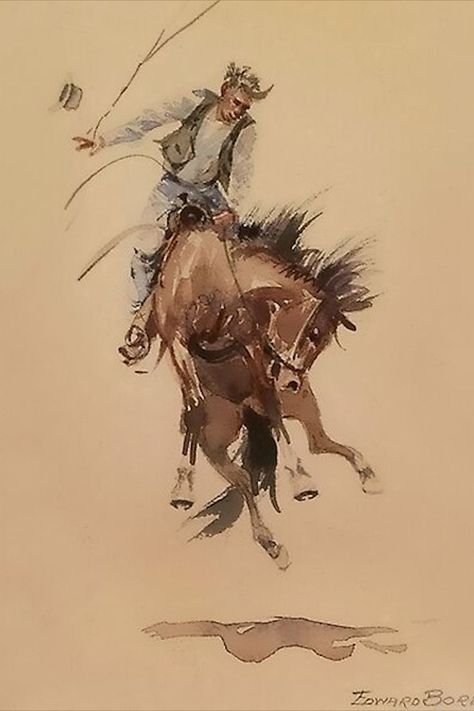 Edward Borein was an American etcher and painter whose artwork depicted Spanish Colonial California, the Old West, and Mexico. He worked as a vaquero in California for 20 years before he began his artistic career. This painting is called “Hand-Whipping a Bronc". Horse Art Ideas, Horse Stickers, Rodeo Poster, Boy Dresser, Horse Paintings, Bucking Bronco, The Old West, Spanish Colonial, Western Art