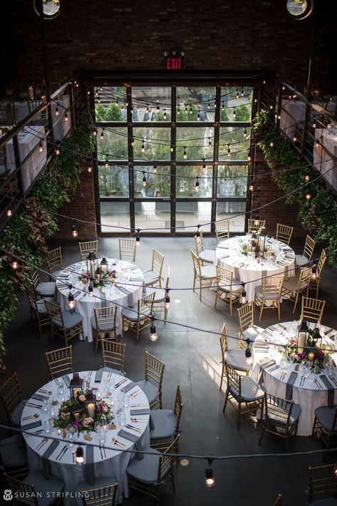 The Foundry Long Island City, Wedding With Round Tables, Atrium Wedding Receptions, City Chic Wedding Decor, Indoor Wedding Dinner, The Foundry Wedding, Conservatory Wedding Reception, Long Island Wedding Venues, Wedding Round Table