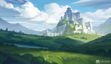 ArtStation - green castle landscape illustration, Top Cats Homemade Cat Tower, Green Castle, Art Camp Projects, Castle Landscape, Cat Castle, Castle Illustration, Castle Background, Landscape Background, Fantasy City