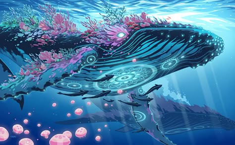 Whales, Tami Wicinas on ArtStation at https://www.artstation.com/artwork/2xdgPK Water Creatures Fantasy Art, Fantasy Whale Concept Art, Alien Whale Concept Art, Fantasy Sea Animals, Fantasy Marine Creature, Fantasy Whale Art, Whale Creature Design, Ocean Fantasy Creatures, Avatar 2 Whale