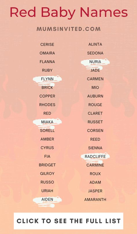 Color Baby Names, Names That Mean Red, Names Meaning Red, Color Names Baby, Baby Names List, Middle Names For Girls, Fiery Redhead, Male Names