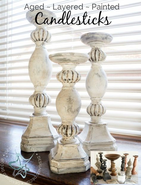 This is an easy diy-aged-layered-painted-candlesticks tutorial - www.designeddecor.com Painted Candlesticks, Diy Rustic Home, Diy Farmhouse Decor, Diy Home Decor On A Budget, Decor Guide, Décor Diy, Shabby Chic Homes, Cheap Diy, Art Furniture