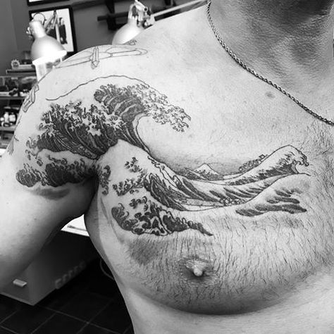 Wave Chest Tattoo, Great Wave Tattoo, Raiders Tattoos, Japanese Wave Tattoos, Wave Tattoos, Hokusai Great Wave, Wave Tattoo Design, Sea Tattoo, Japanese Wave