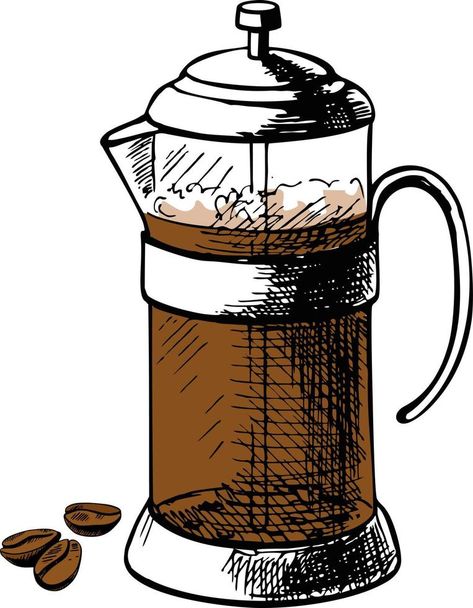 Vector illustration of french press hand drawn with pen and ink. French press coffee French Press Drawing, Drawings Of Coffee, French Press Illustration, Coffee Sign, Coffee Press, French Press Coffee, Sign Ideas, Coffee Branding, Coffee Signs