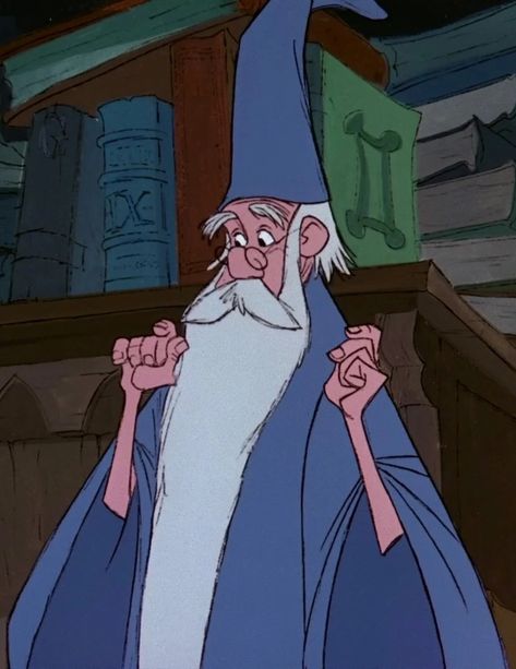 Merlin, also known as Principal Merlin, is a powerful wizard and the deuteragonist in Disney's 1963 animated film The Sword in the Stone, where he is the master and friend of Arthur, a.k.a. Wart. Merlin is also the magical rival of Madam Mim. He later became the Principal of Merlin Academy. Merlin is a powerful wizard who, after meeting a pre-teen orphan named Arthur, commonly known as Wart, offers to be his tutor, because he senses that he will be someone important in the future. Merlin uses hi Merlin The Wizard, Circus Characters, Disney Wiki, The Black Cauldron, Old Disney, Pinturas Disney, Horror Music, Movie Genres, Old Cartoons