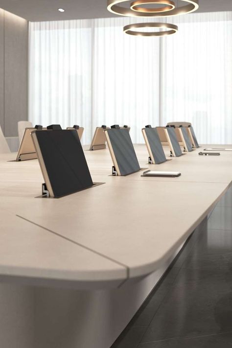 modern boardroom meeting table with integrated screens and microphones Boardroom Design Corporate, Executive Meeting Room, Meeting Table Design Modern, Luxury Corporate Office, Luxury Boardroom, Luxury Meeting Room, Meeting Room Design Creative, Meeting Room Table Design, Technology Office Design