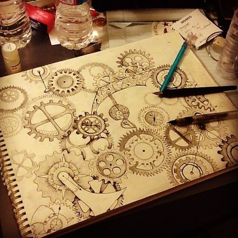 Mechanical Art Drawing, Steampunk Drawing, Desenho Tattoo, Steampunk Art, Doodles Zentangles, Sketchbook Inspiration, Zentangle Art, Zentangle Patterns, Doodle Drawings