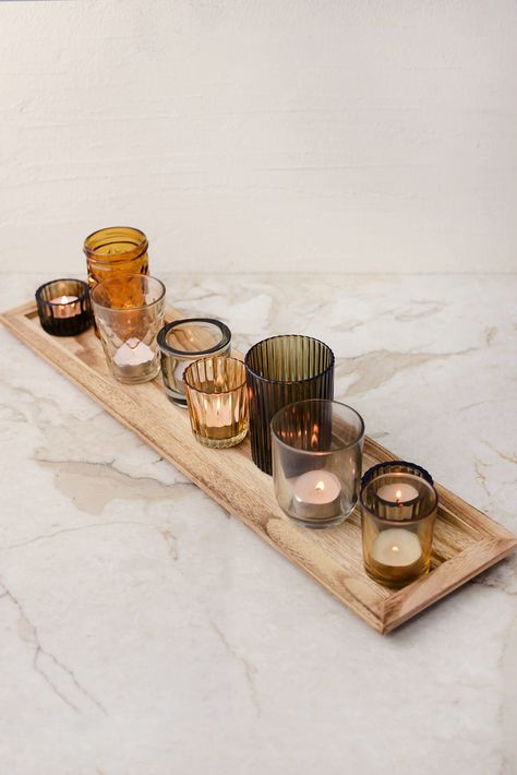 Candle Tray Ideas, Wood Votive Candle Holder, Mercury Glass Decor, Candle Holder Tray, Safe Candles, Glass Votive Holders, Tray Ideas, Restaurant Ideas, Wood Candle