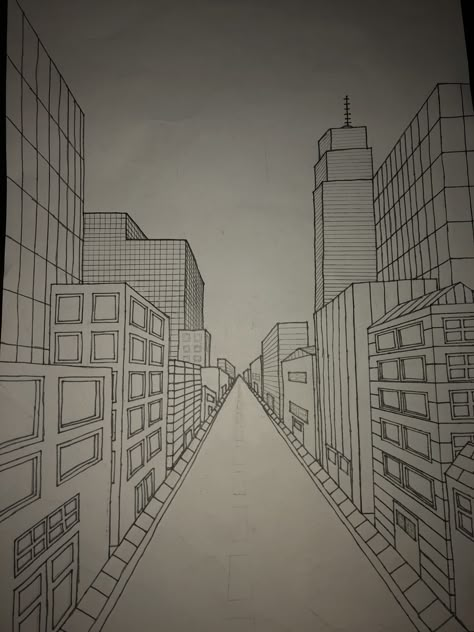 One Point Prespective Sketches City, One Point City Perspective Drawing, City Scape Drawing Perspective, One Point Perspective Drawing Street, Point Perspective Drawing, One Point Perspective Cityscape, Building Perspective Drawing, 2 Point Perspective Drawing Cities, 1point Perspective Drawing