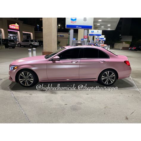 Pink Wrapped Mercedes Benz, Pearl Pink Car Wrap, Pink Benz, Pink Car Wrap, Pink License Plate, Bentley Continental Gt Convertible, Pink Car Accessories, Mercedes C300, Benz C300