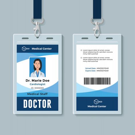 ID card template, perfect for any types of agency, corporate, offices and companies. You can also used this identity card as university card, media press ID card, event entry card and many more! Doctor Logo Medical, Doctor Id Card, Medical Identity, Doctor Logo, Identity Card Design, Employee Id Card, Doctor Logos, Microsoft Word Free, Badge Template