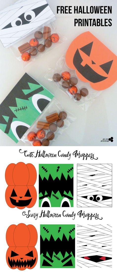 DIY Halloween Candy Wrappers with free PDF | The Tiny Honeycomb Halloween Diy Candy Bags, Free Pdf Halloween Printables, Halloween Candy Wrappers Free Printable, Halloween Candy Grams Ideas, Halloween Grams Ideas, Halloween Candy Bags Diy, Diy Halloween Candy Bags, Halloween Candy Bag Diy, Halloween Candy Grams