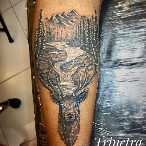 Scottish Highlands Tattoo, Scottish Sleeve Tattoo, Scottish Animal Tattoo, Scotland Tattoo Ideas For Men, Deer With Mountains Tattoo, Moutain Tattoos, Scottish Tattoos, Landscape Tattoo, Nature Tattoos