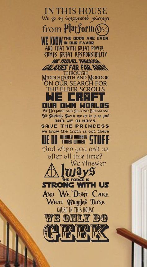 This is our original poem mash up. Show you are a fan of all things GEEK with our original geekery inspired wall decal. Put it on your door or wall as a welcome and note that We Do Geek. This poem if you will we designed to try and fit in as many items as Hp Comics, Storybook Nursery, Art Border, Fall Ornaments, Acrylic Signs, In This House We, In This House, Timey Wimey Stuff, Bathroom Humor