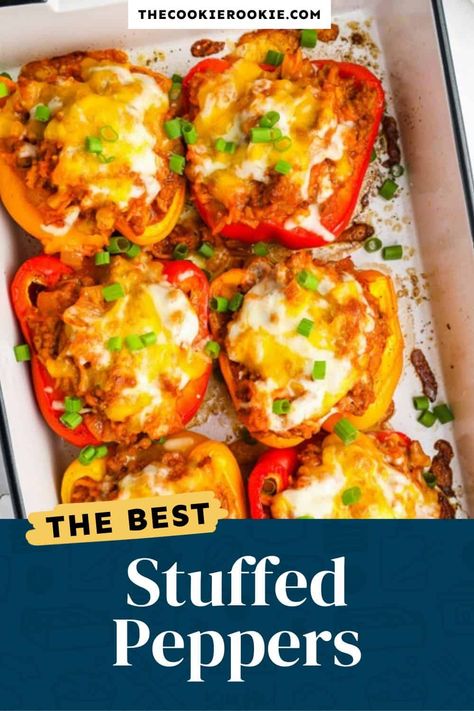 Stuffed Peppers is a classic recipe of rice, beef, spices, and tomato sauce all cooked and stuffed inside of bell peppers and topped with melty cheese. This easy stuffed peppers recipe makes the perfect healthy lunch to meal prep and bring to work! This healthy recipe is also a great dish for the whole family to incorporate more vegetables into meals! Betty Crocker Stuffed Peppers Recipe, Stuffed Bell Peppers Small Batch, Stuffed Peppers With Sweet Potato, Recipe For Stuffed Green Peppers, Stuffed Bell Peppers With Corn, Stuffed Bell Peppers With Cooked Rice, Recipe Stuffed Bell Peppers, Healthy Stuffed Peppers Recipe Easy, Stuffed Bell Pepper Halves