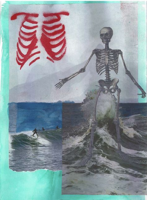 Surf Collage Art, Collage Art Sketchbook, Surf Collage, Surfing Skeleton, Surfer Art, Art Final, Wall Pics, Collage Inspiration, Retro Surf