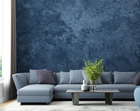 MioWallpaperDecor - Etsy Canada Room Sheet On Wall, Navy Blue Wallpaper Living Room, Wallpaper Sheet For Wall, Blue Wallpaper Feature Wall Living Room, Living Room Texture Paint, Textured Walls Living Room Interior Design, Mancave Wallpaper Ideas, Navy Limewash Walls, Navy Living Room Wallpaper