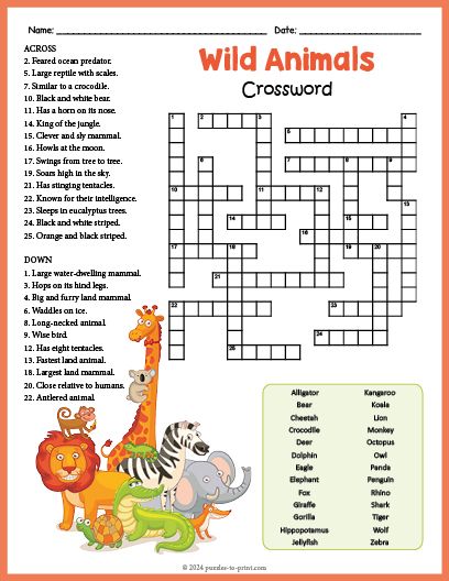 Free Printable Wild Animals Crossword Word Search Animal Crossword Puzzles, Animal Crossword, Magic Squares Math, Crossword Puzzles Printable, Word Puzzles Printable, Free Printable Crossword Puzzles, Thanksgiving Puzzle, Word Puzzles For Kids, Printable Crossword Puzzles