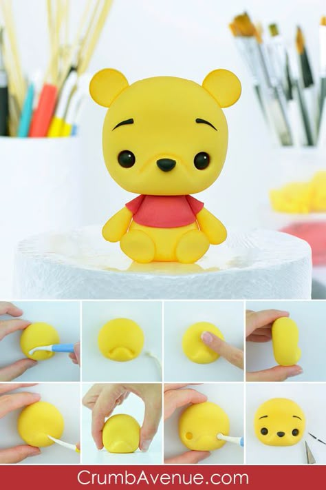 Porcelanicron Ideas, Clay Cartoon, Clay Art For Kids, Winnie The Pooh Cake, Clay Crafts For Kids, Polymer Clay Kawaii, Cute Winnie The Pooh, Fondant Animals, Cake Topper Tutorial