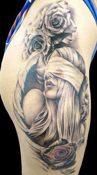 Realism Angel Tattoo by Demon Tattoo - http://worldtattoosgallery.com/realism-angel-tattoo-by-demon-tattoo/ Realism Angel Tattoo, Angel Tattoo Meaning, Angel Tattoo Ideas, Small Angel Tattoo, Angel Tattoo For Women, Angel Devil Tattoo, Skull Rose Tattoos, Skull Girl Tattoo, Girl Face Tattoo