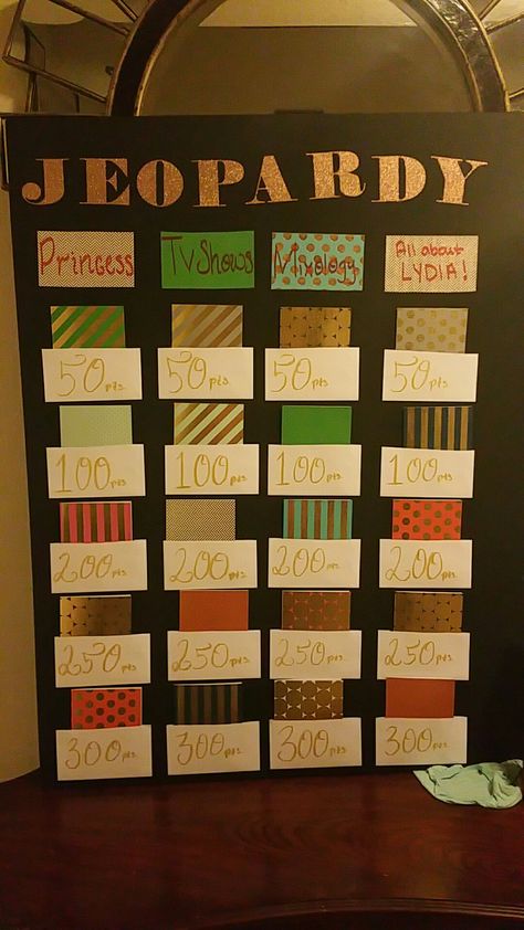 Jeopardy Birthday Party, 20th Birthday Activities, Birthday Games Sweet 16, 20th Birthday Party Games, Birthday Jeopardy, Diy Jeopardy Board, Jeopardy Game Diy, 18th Birthday Party Games, Birthday Game Ideas