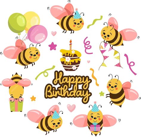 Premium Vector | Set of cute bee happy birthday Happy Birthday Api, Birthday Bees Classroom, Bee Birthday Chart, Happy Bee Day Card, Happy Bee Day Banner, Happy Bee Day, Bee Images, Bee Clipart, Bee Classroom