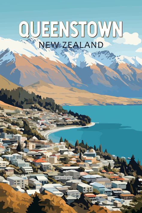 Retro-style illustration of Queenstown, New Zealand, featuring the town with a backdrop of snow-capped mountains and serene blue lake under a bright blue sky. New Zealand Travel Poster, New Zealand Queenstown, New Zealand Poster, Queenstown Nz, Retro Style Posters, New Zealand Landscape, Queenstown New Zealand, New Zealand Art, Room Prints