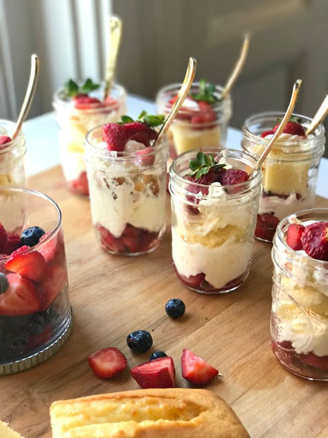 Summer Strawberry Trifles with Lemon Marscapone Cream — Gathered Living Summertime Desserts For A Crowd, Beach Dessert Ideas, Lemon Marscapone, Marscapone Cream, Jar Desserts, Best Summer Desserts, Moist Pound Cake, Strawberry Trifle, Healthy Summer Desserts