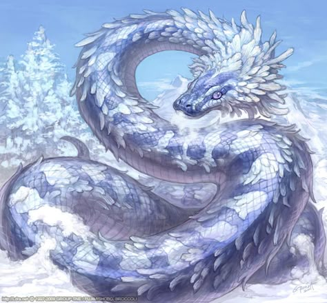 The form of an ice serpent is one of the highest forms a freeze fae can take. Like with all higher forms, it requires immense concentration and power to both assume and sustain this form. Most often freeze fae, like any other fae, may only adopt these powerful forms in times of extreme physical or emotional distress. Though lasting only for a few minutes at these times, the damage and chaos an ice serpent can unleash is extraordinary. White Serpent, Water Serpent, Ice Monster, Beast Creature, Snake Art, Creature Artwork, Mythical Animal, Fantasy Beasts, Monster Concept Art