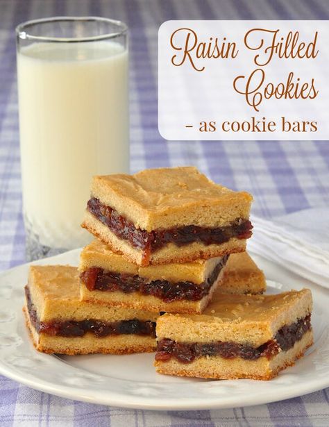 Raisin Filled Cookies - made as cookie bars. The recipe uses a soft cookie dough in a time saving, easy, no-roll method to enjoy all the flavour of the old fashioned favourite in less time. Raisin Filled Cookies Old Fashioned, Recipes Using Raisins, Raisin Filled Cookies, Newfoundland Recipes, Popular Cookies, Rock Recipes, Filled Cookies, Raisin Cookies, Indulgent Desserts