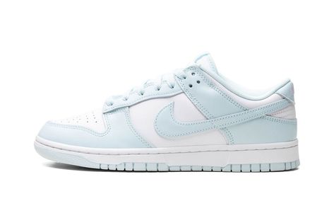 The Nike Dunk Low “Glacier Blue” is a colorway of the retro basketball shoe with light blue features.  The upper features a white leather base with Glacier Blue leather overlays and Swoosh branding.  A white “Nike” logo is embroidered on the heel, while “Nike” and Swoosh logos are printed on the tongue tag.  Finishing details include a white rubber midsole and a Glacier Blue rubber outsole.  Release date: May 16, 2024 Shoes Dunks Low, Nike Dunks Light Blue, Light Blue Dunks Outfit, Light Blue Dunks, Light Blue Nike Shoes, Blue Wishlist, Cute Shoes For School, Nike Crocs, Blue Dunks