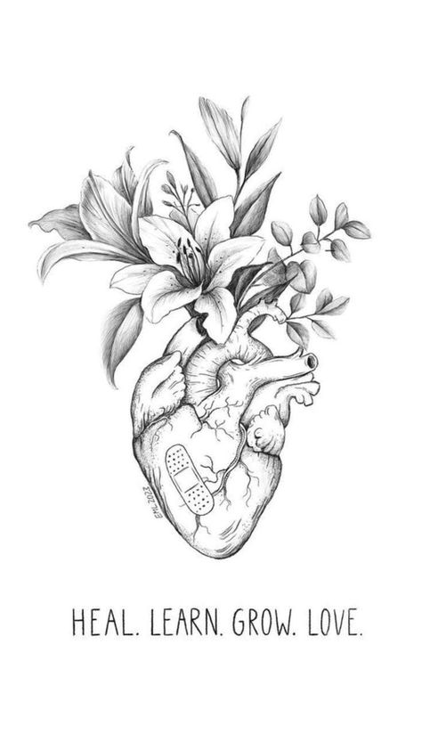 Flowers Growing From Heart Tattoo, Tattoos That Represent Self Growth, Growth And Self Love Tattoos, Tattoo Ideas Female Meaningful Self Love, Anatomical Heart Tattoo Placement, Skull With Flowers Growing Out Of It Tattoo, Tattoo Ideas Female Self Growth, Tattoos Showing Strength And Growth, Tattoos That Show Growth