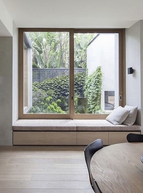 Japandi Window Seat, Classic Window Design, Window Seat Living Room, Modern Window Seat, Grill Design Modern, Big Windows Living Room, Reno Tips, Bay Window Design, Contemporary Window