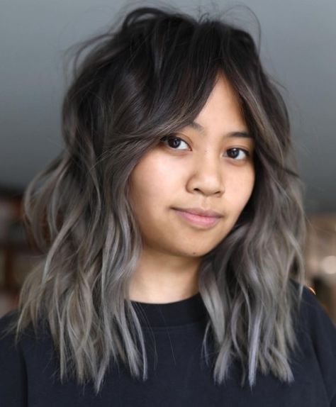 Bangs And Wavy Hair, Grey Ombre Hair Short, Grey Hair Tan Skin, Ash Ombre Hair, Grey Hair Short, Brown To Grey Ombre, Grey Brown Hair, Ash Grey Hair, Silver Ombre Hair