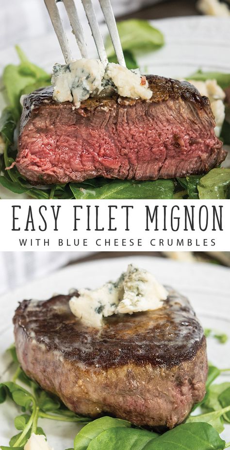 Steak With Blue Cheese Crumbles, Mid Century Modern Bedroom Bed Frames, Easy Filet Mignon, Anniversary Dinner Recipes, Bedroom Bed Frames, Steak Ideas, Cheese Steaks, Blue Cheese Crumbles