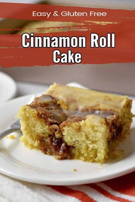 This recipe for easy gluten free cinnamon roll cake is perfect for breakfast or dessert. The tender cake is layered with a cinnamon/sugar swirl and topped with sweet icing. You can have the sweet flavor and gooey texture of cinnamon rolls in this easy, made from scratch, cinnamon roll cake. Cinnamon Roll Grooms Cake, Homemade Cinnamon Roll Cake, Cinnamon Roll Cake Easy, Best Cinnamon Roll Cake, 1950s Dishes, Homemade Cinnamon Roll, Basketball Cookies, Gluten Free Cinnamon, Smores Dessert